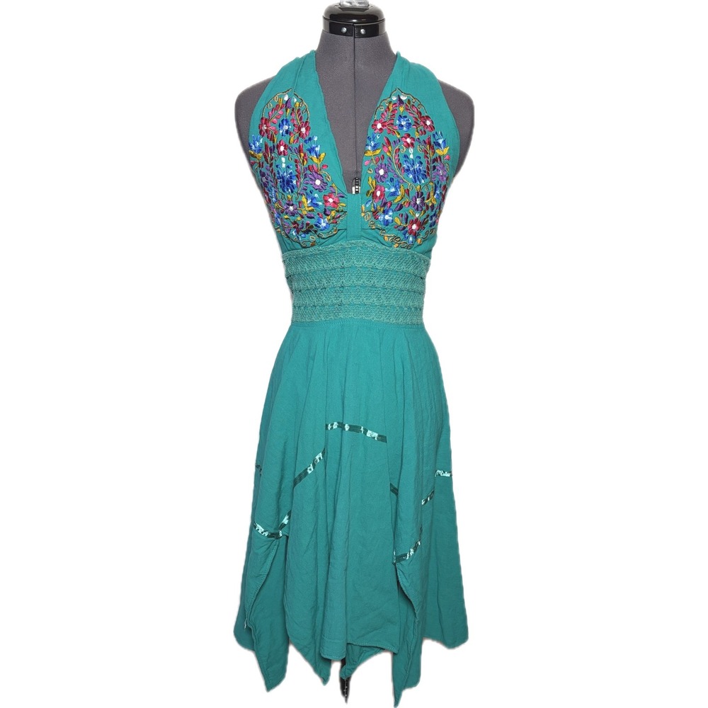 Boho Festival Cottagecore Embroidered Halter Summer Dress Teal Flowy S/M B33-35"